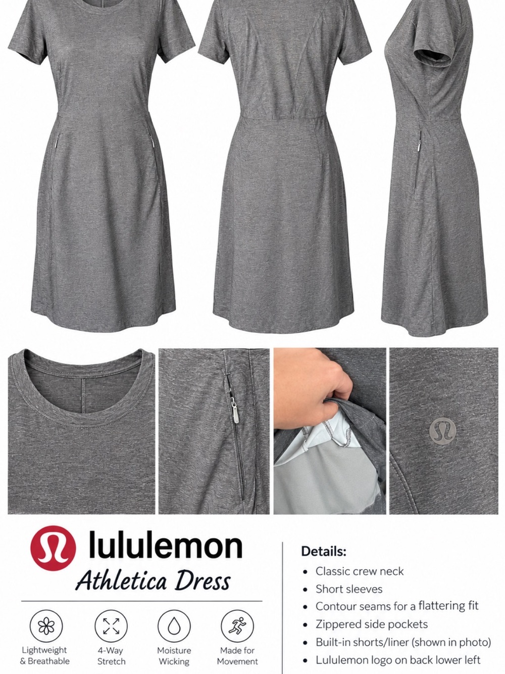 lululemon Athletica Gray Short-Sleeve Pocket Dress